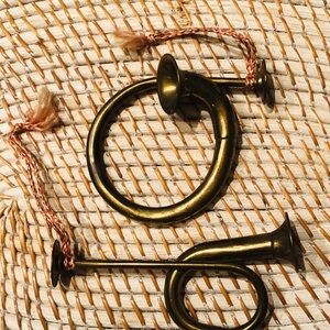 Vintage Brass Horn Holiday Ornament Set of 2